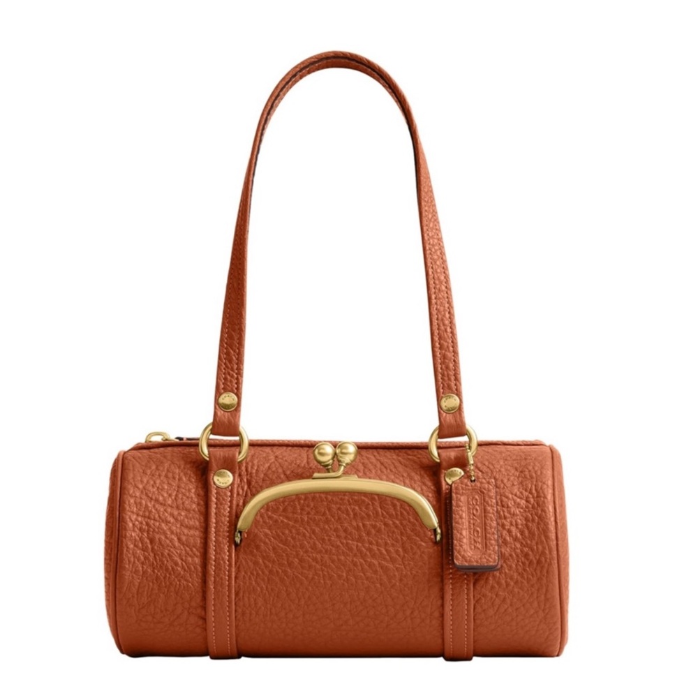 New Coach Kisslock Barrel Bag 28 Leather Shoulder Bag in Amber Brown